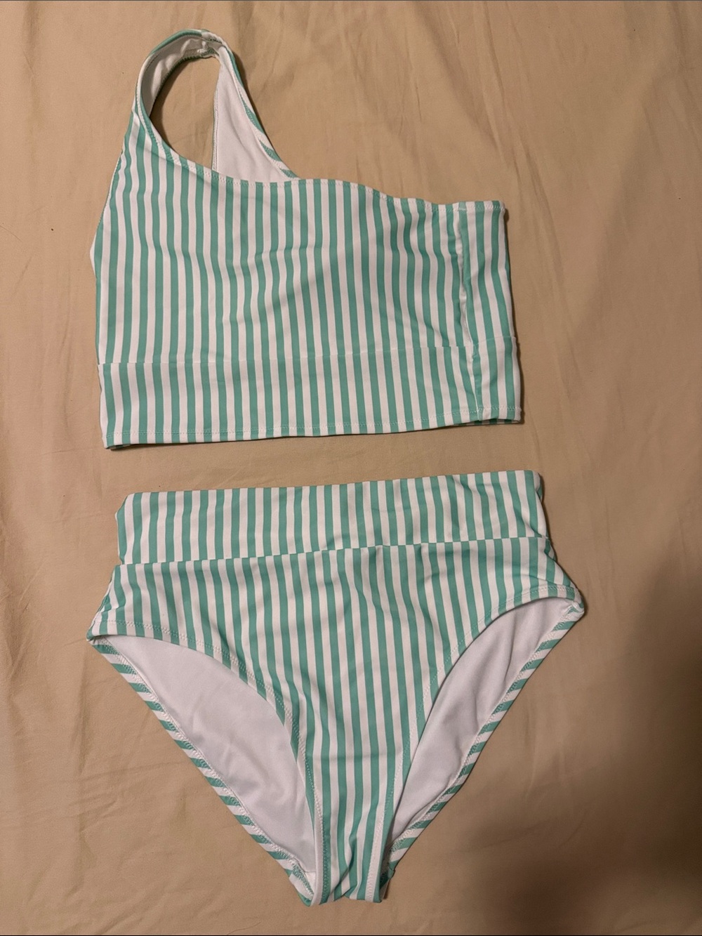 Striped Mint One-Shoulder Swim Set